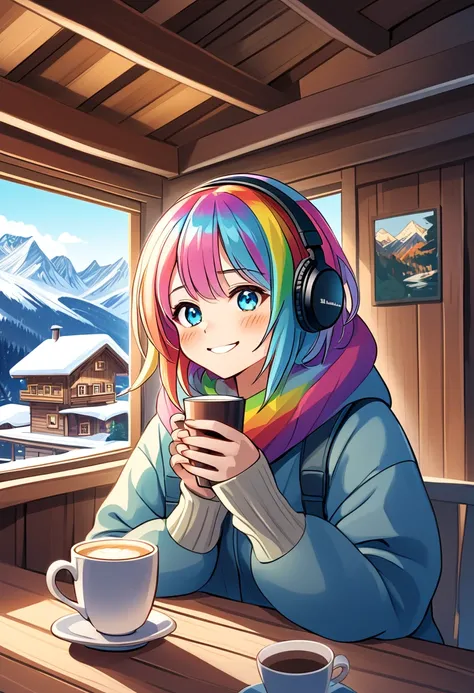 a young woman with tied-up colored hair and eyes resembling a rainbow, listening to calm music on headphones, with a happy and c...