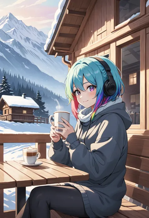 A young woman with tied-up colored hair and eyes resembling a rainbow, listening to calm music on headphones, with a sexy smile, holding a cup of coffee, dressed in cold weather clothing, in a chalet at the base of a mountain. An image that inspires calmne...