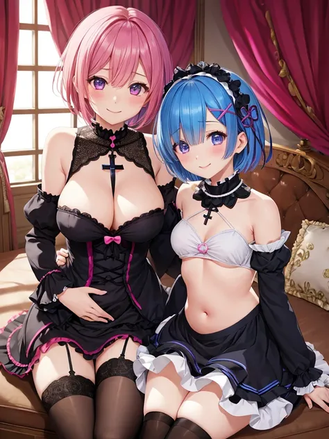 masterpiece, best quality, ultra detailed,2 girls,(1people:Rem,blue hair,short hair,blue eyes,big breasts)(other１people:rum,pink hair,short hair,pink eyes)Re:zero,Maid clothes,gothicロリータ服,((cross))、stomach,belly button,black straight、Hair Inner Hair Color ...