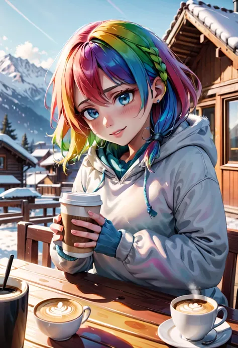 A young woman with tied-up colored hair and eyes resembling a rainbow, listening to calm music on headphones, with a sexy smile, holding a cup of coffee, dressed in cold weather clothing, in a chalet at the base of a mountain. An image that inspires calmne...