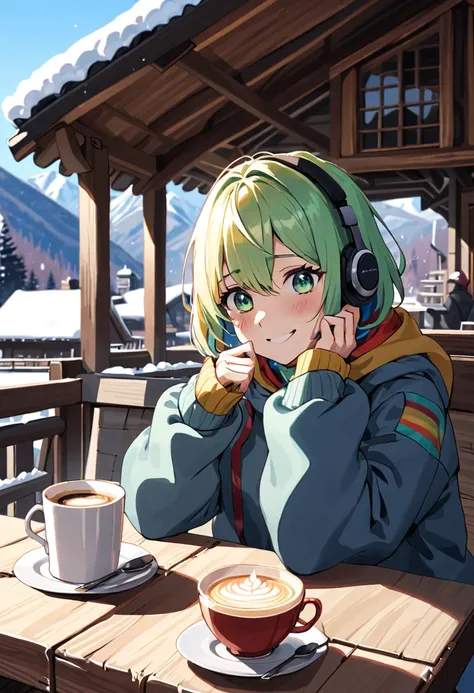 A young woman with tied-up colored hair and eyes resembling a rainbow, listening to calm music on headphones, with a happy and confy smile, holding a cup of coffee, dressed in cold weather clothing, in a chalet at the base of a mountain. An image that insp...