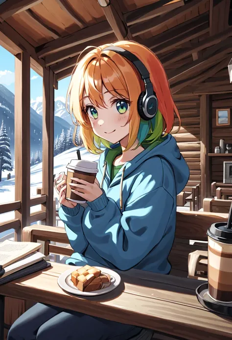 A young woman with tied-up colored hair and eyes resembling a rainbow, listening to calm music on headphones, with a happy and confy smile, holding a cup of coffee, dressed in cold weather clothing, in a chalet at the base of a mountain. An image that insp...