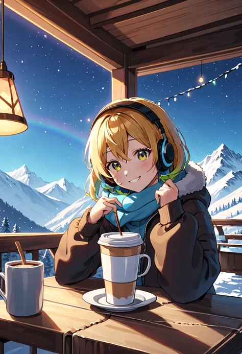 A young woman with tied-up colored hair and eyes resembling a rainbow, listening to calm music on headphones, with a happy and confy smile, holding a cup of coffee, dressed in cold weather clothing, in a chalet at the base of a mountain. An image that insp...