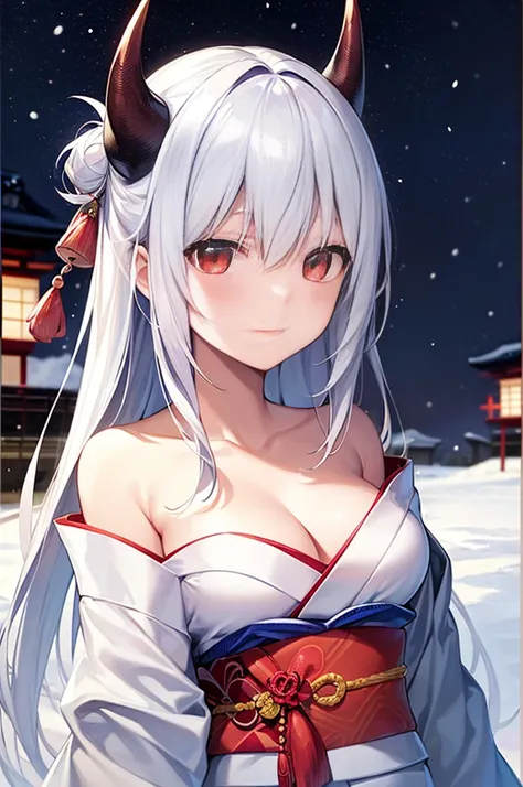 (((highest quality, High resolution, Japan Manga))) ,red eyes,red horn,devil&#39;s horns,white hair, 1 girl, alone, looking at the viewer, silver hair, medium breasts,closed mouth, clavicle, kimono,白いkimono,Two-dimensional beautiful girl,Japan anime beauti...