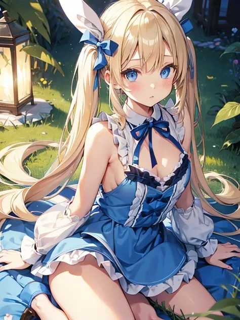 blonde twintails,blue eyes,young girl,cute face,big eyes,big blue ribbon,Blue headband,Alice in Wonderland,flat chest,Completely naked,nipple,Pussy,fantasy,Rabbit