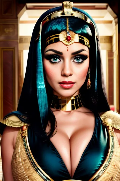 A portrait of a drop dead gorgeous Cleopatra, with intricate and detailed golden headdress adorning her bald head, dressed in a shimmering royal Egyptian gown, revealing her fit and slim waist, hourglass figure, and seductive curve, capturing her captivati...