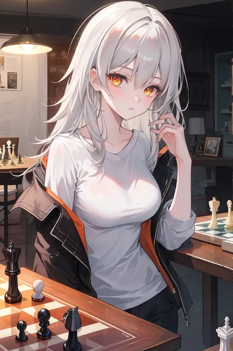 1girl, white hair, vibrant orange eyes, casual wear, playing chess, chessboard, casual background, beautiful eyes, beautiful hai...