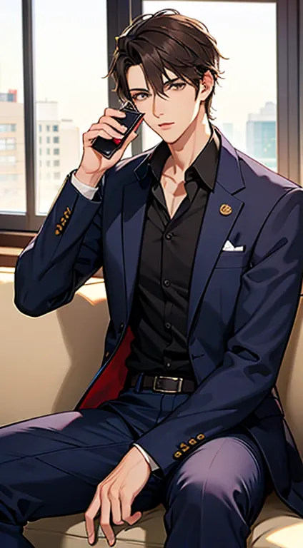 A handsome boy, 20 years old, sits on a luxury sofa in the office, behind a floor-to-ceiling window, a serious face, hair is middle, wearing a black suit and shirt, and holding a mobile phone in his hand