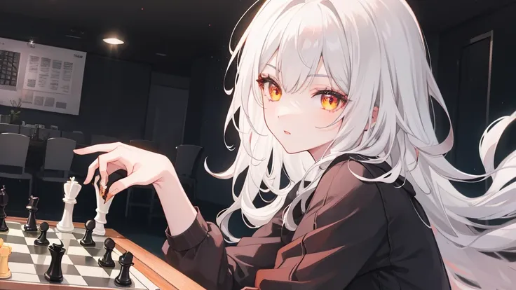 1girl, white hair, vibrant orange eyes, casual wear, playing chess, chessboard, casual background, beautiful eyes, beautiful hai...