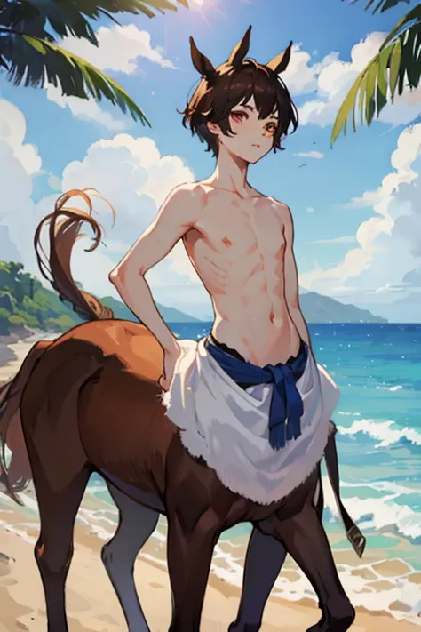 centaur men、delicate、15 years old、sandy beach、Exposed belly、looking straight ahead、The upper body is centered in the photo