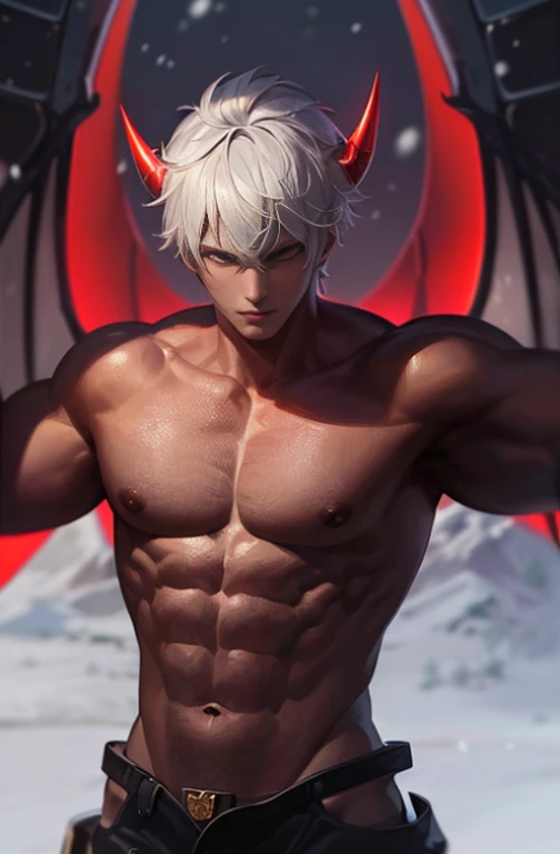 red horn,devilの角,silver hair,devil,black skin,Snow Man,monster,Mighty Fighter, chest exposed, Detailed muscular physique, realistic depiction, 4K resolution. background: Blizzard,32k uh, (((highest quality, masterpiece, Super detailed, advanced details)))