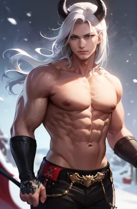 red horn,devilの角,silver hair,devil,black skin,Snow Man,monster,Mighty Fighter, chest exposed, Detailed muscular physique, realistic depiction, 4K resolution. background: Blizzard,32k uh, (((highest quality, masterpiece, Super detailed, advanced details)))