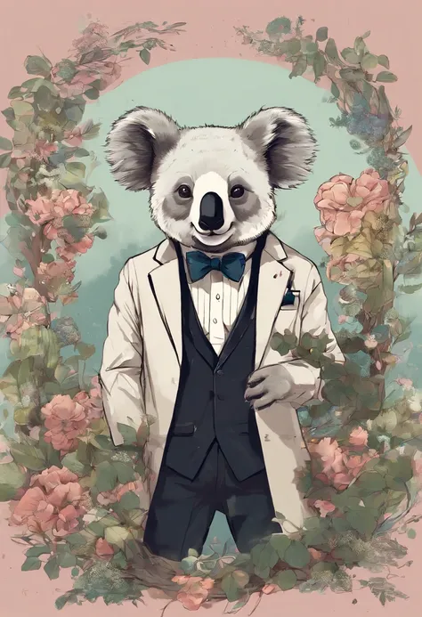 anthropomorphic koala, de cuerpo entero, vestido formalmente con un blazer, sostiene una bandeja, pegatina de panda, sticker de panda.