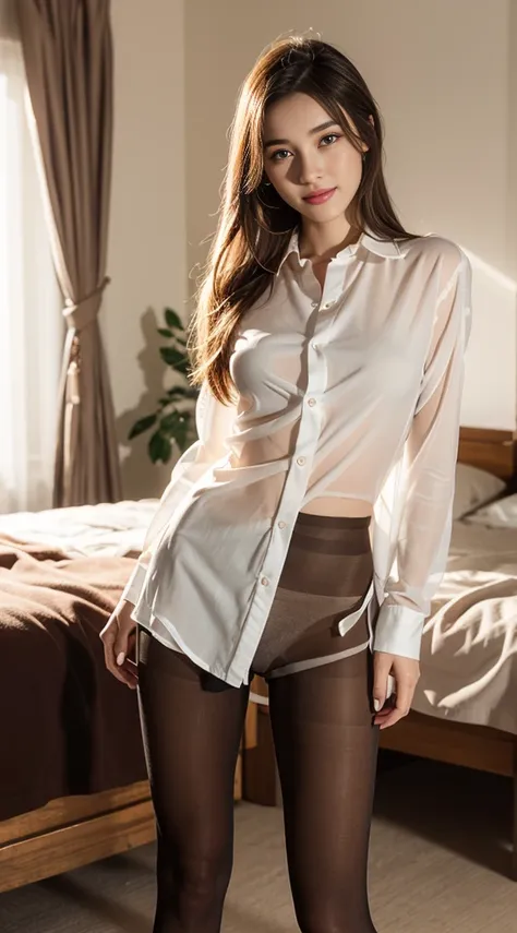 Nasterpiece photographic,realistic photo,depth of field,cinematic lighting,(Ultra-realistic pantyhose:1.5)、Full body, neat and long legs、 Focal length: 1.2, Realistic 28 Year Old ,Slender Body Beauty: 1.4, 、 (White open shirt、, Standing: 1.2), (Home bed: 1...