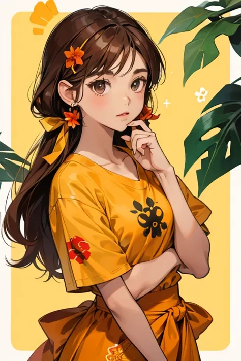 human Faith from animal crossing. Faith has a tan face and paws. She has dark reddish-brown hair in bangs, rectangular black eyes,  and orange cheeks. She wears a yellow Hibiscus hairpin tucked behind her right ear. Her initial shirt is the Red Hula Top, l...