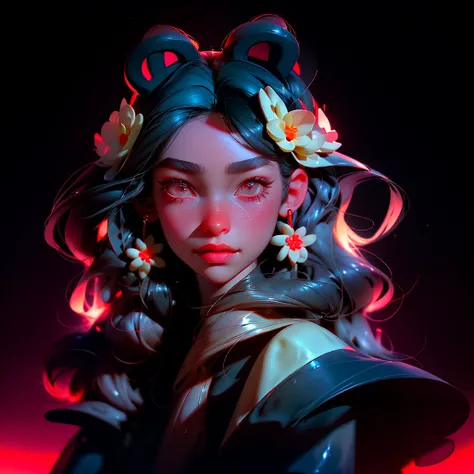 In the heart of a surrealistic dreamscape, a girl with long, black hair adorned with hair bobbles, winces slightly, her long lashes casting shadows on her solid circle eyes. A pair of fake animal ears rested atop her head, a light smile playing on her lips...