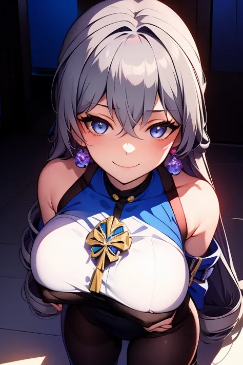 (masterpiece),best quality, expressive eyes, perfect face, 1girl,
big breast, H-cup, good breast, beautiful, gorgeous,anime,girl,lora, 
 nipple visible  though clothes,ph bronya,
1girl,
solo,
earrings,
long hair,
grey hair,
drill hair,
grey eyes,crazy smil...