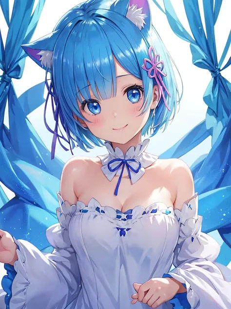 masterpiece, best quality, ultra-detailed, Rem、Re:zero、short hair、blue eyes、smile、white background、A very surprised face、cute、blue hair、bright background、Surprise version、flashy、riding in a convertible、Cat ear、Big、Upper body、