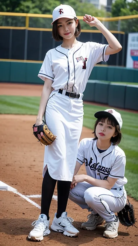 whole、poses to take pictures、The path to transformation、Female baseball player turns into a nurse、detailed face、Hires,The baseball uniform changes smoothly into a collared nurse uniform.,Hires,1girl,poses to take pictures、Baseball cap transforms into a nur...