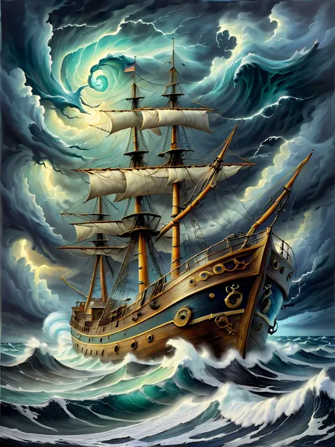 a detailed oil painting of an old sea captain, steering his ship through a storm. saltwater is splashing against his weathered f...