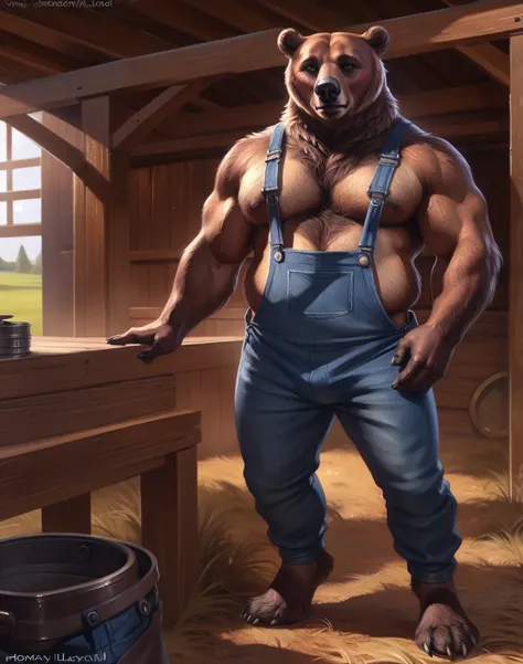 by personalami, by honovy, by thebigslick, by taran fiddler, by pixelsketcher, male, solo, anthro (bear), adult, photorealistic, hyperrealistic, ultradetailed, natural pose, (muscular:1.3), ((standing)), (detailed eyes:1.2), (large pecs:1.2), (detailed bac...