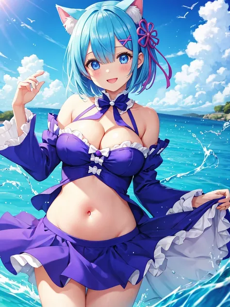 masterpiece, best quality, ultra detailed, Rem、Re:zero、short hair、blue eyes、smile、white background、A very surprised face、cute、blue hair、bright background、Surprise version、flashy、riding in a convertible、Cat ear、Big,belly button,flashy、cleavage、sandpit, 