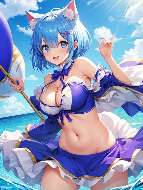 masterpiece, best quality, ultra detailed, Rem、Re:zero、short hair、blue eyes、smile、white background、A very surprised face、cute、blue hair、bright background、Surprise version、flashy、riding in a convertible、Cat ear、Big,belly button,flashy、cleavage、sandpit, 