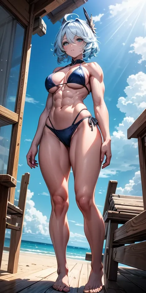 ((full body from below)) Furina from Genshin Impact), 1 girl, standing (on the beach), blue painted nails, {{{thong bikini}}}, (((muscular legs))), (((showing her big ass to me))), muscular belly, standing, bare foot, (short hair), medium breasts, eye refl...