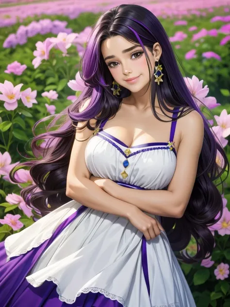 hermosa venus de cabello morado ondulado manos abierta sonriendo vestido de campesina en campo de flores