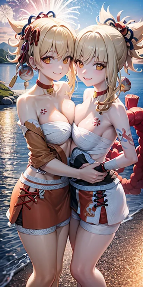 2 girls smile sea. Their breasts are close together and they clearly hold each other’s waist with their left hands.