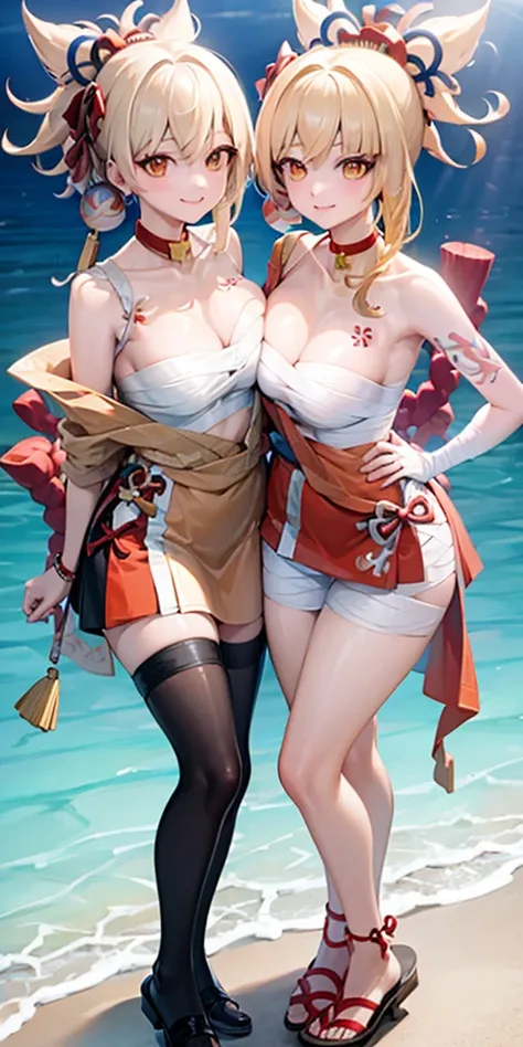 2 girls smile sea. Their breasts are close together. They are clearly holding each other’s waist with their left hands. They are standing side by side at the same height.