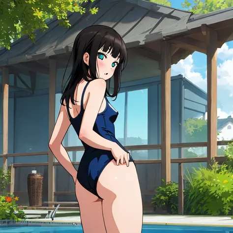 masterpiece,best quality,ultra detailed, best illustration, nsfw, 1girl, black_hair, KK-70, blue one-piece swimsuit