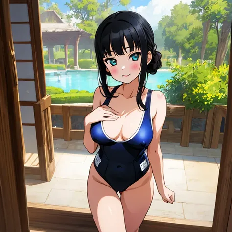 masterpiece,best quality,ultra detailed, best illustration, nsfw, 1girl, black_hair, KK-70, blue one-piece swimsuit