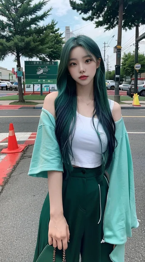 Girl posing with green dyed hair next to a street sign, in an anime aesthetic style, dark cyan and light blue, Han Dynasty, dark blue and green, softball, dark blue and sky blue, eye-catching 