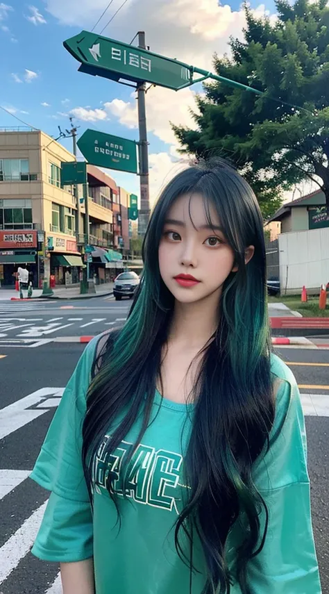 Girl posing with green dyed hair next to a street sign, in an anime aesthetic style, dark cyan and light blue, Han Dynasty, dark blue and green, softball, dark blue and sky blue, eye-catching 