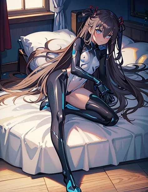 highest quality,sleep on your back in bed，crab crotch，show me your boots，thigh high boots，leotardチラ見せ，glove，elegant, 1 girl, leo...