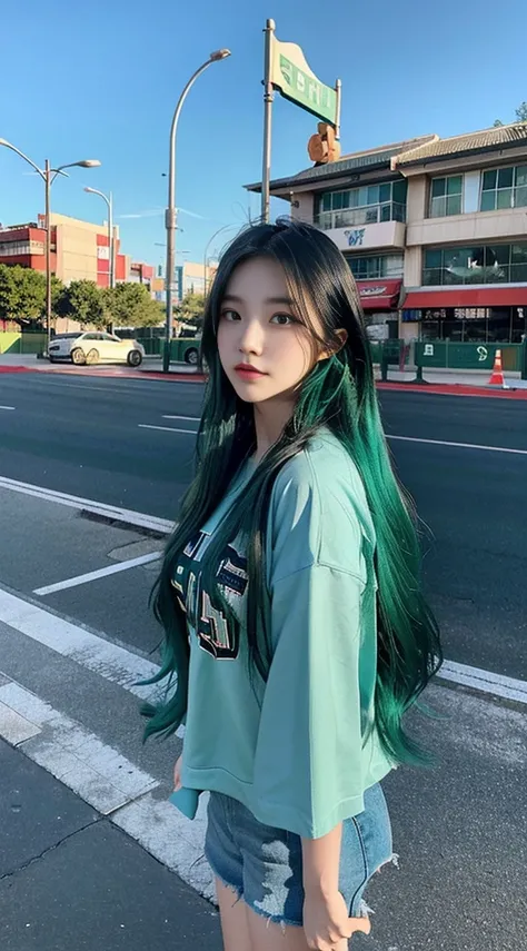 Girl posing with green dyed hair next to a street sign, in an anime aesthetic style, dark cyan and light blue, Han Dynasty, dark blue and green, softball, dark blue and sky blue, eye-catching 