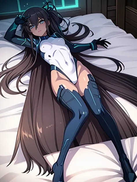 highest quality,sleep on your back in bed，Crab crotch，show me your boots，thigh high boots，leotardチラ見せ，glove，elegant, 1 girl, leotard，body suit，cute, blushed, looking at the viewer, from below, prison，blue eyes, beautiful eyes, beautiful background, particl...