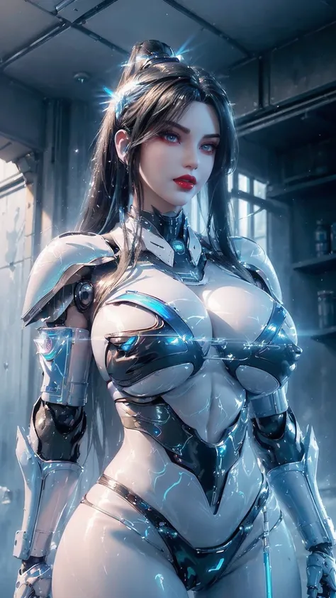 UPPER BODY,CLOSE UP HALF BODY,SOLO,(BEAUTY BLACK HAIRSTYLE,MECHA PHOENIX HELMET), (HUGE FAKE BREASTS,BUSTY,CLEAVAGE,MUSCLE ABS,NSFW CONTENT:1.5), ((WEAR BLUE,White SHINY MODERN FUTURISTIC MECHA SKIMPY MINI BIKINI:1.5)),(CURVY VOLUPTUOUS BODY MATURE WOMAN:1...