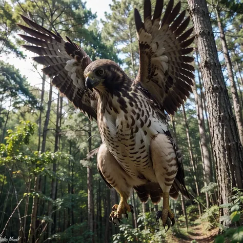 Overweight hawk flying in a forest 