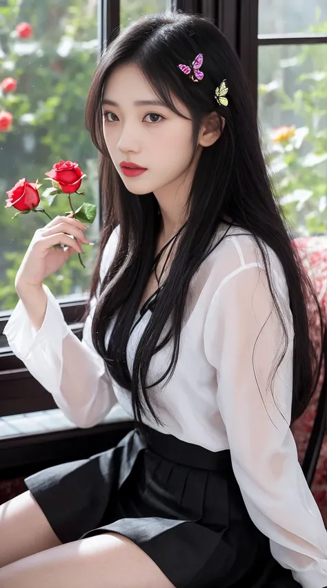 1girl,solo,long hair,looking at viewer,skirt,black hair,sitting,flower,parted lips,blurry,lips,window,rose,bug,butterfly,realistic