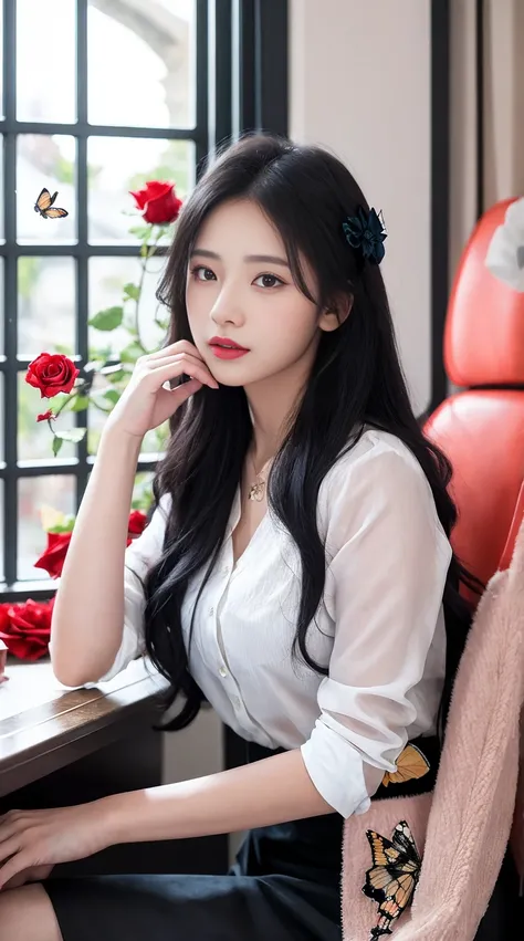 1girl,solo,long hair,looking at viewer,skirt,black hair,sitting,flower,parted lips,blurry,lips,window,rose,bug,butterfly,realistic