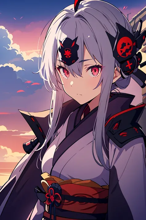 woman, grey samurai kimono, purple clouds, long grey hair, red glowing eyes, samurais helmet armor head