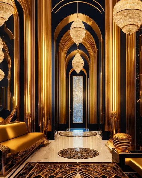 art deco,beautiful detailed architecture,geometric shapes,ornate patterns,rich colors,shiny metallic surfaces,etched glass,stylized motifs,bold and elegant,streamlined forms,symmetry,opulence,glamorous buildings,gold accents,luxurious interiors,highly deta...