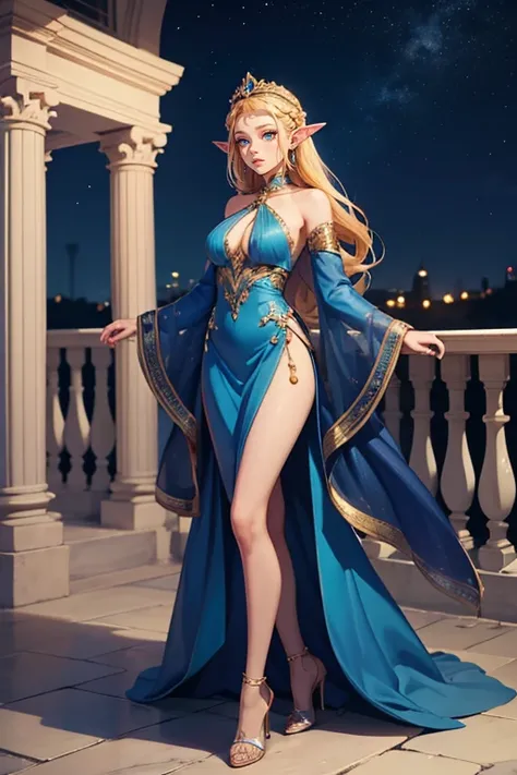 elf princess, tiara, earrings, deep blue plunge dress, golden hair in braids, , slender figure, high heels, palace, night sky,  full body, standing next to balcony, 1girl