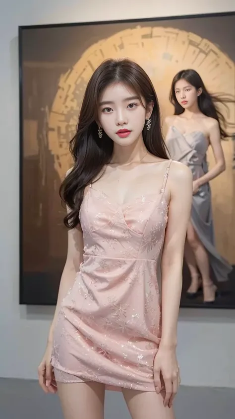 a woman in a short dress posing in front of a painting, gorgeous young korean woman, wearing an elegant dress, beautiful young korean woman, sexy dress, beautiful south korean woman, yanjun chengt, jaeyeon nam, korean womens fashion model, elegant dress, h...