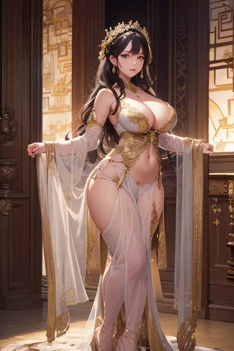 1 girl huge big tits,greek goddess，Vi繊細でbeautiful顔,golden hair，various hairstyles，Garland crown，plump breasts，convex buttocks，greek clothing，Tulle covers the breasts，perfectly proportioned, detailed clothing details,temple，marble，god statue，world Tree，cine...