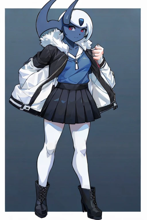 ((Absol)), anthropomorphic, big , big ass, pokemorph, (((1girl))), (((dark blue shirt))), (black skirt), (white jacket), (black heeled boots), cute and sexy, slender, white skin, long legs, smiling