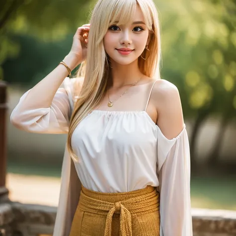 blonde hair,extremely detailed 8k wallpaper,lotus ,(fashion） model posing,upper body blouse ,lower body long skirt,smirk ,large breast ,Side undercut asymmetrical bangs blonde hair color hammered short hair,20-year-old beautiful girl  ,looking at viewer,co...