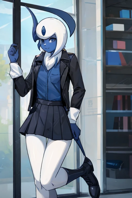 ((Absol)), anthropomorphic, big , big ass, pokemorph, (((1girl))), (((dark blue shirt))), (black skirt), (white jacket), (black heeled boots), cute and sexy, slender, white skin, long legs, smiling